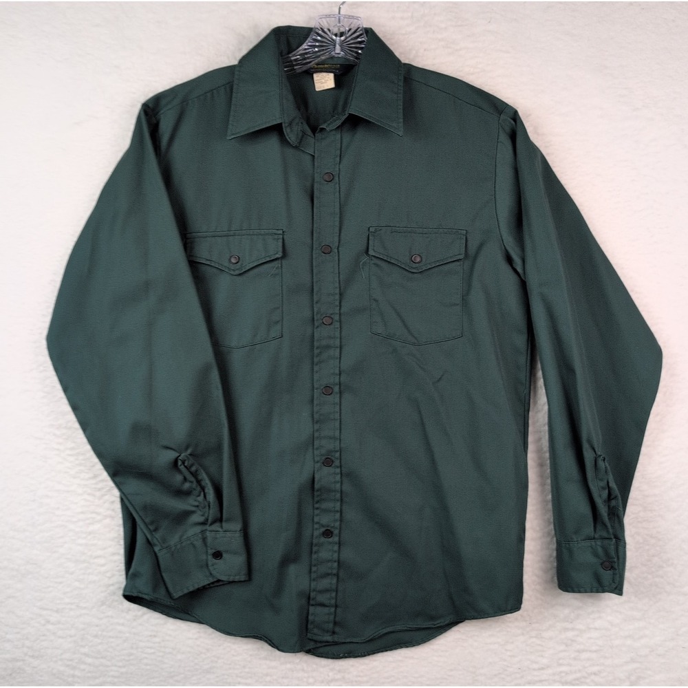Vintage OshKosh B'Gosh Green Work Shirt‎ Gripper Snaps USA Made Sz 15 R
